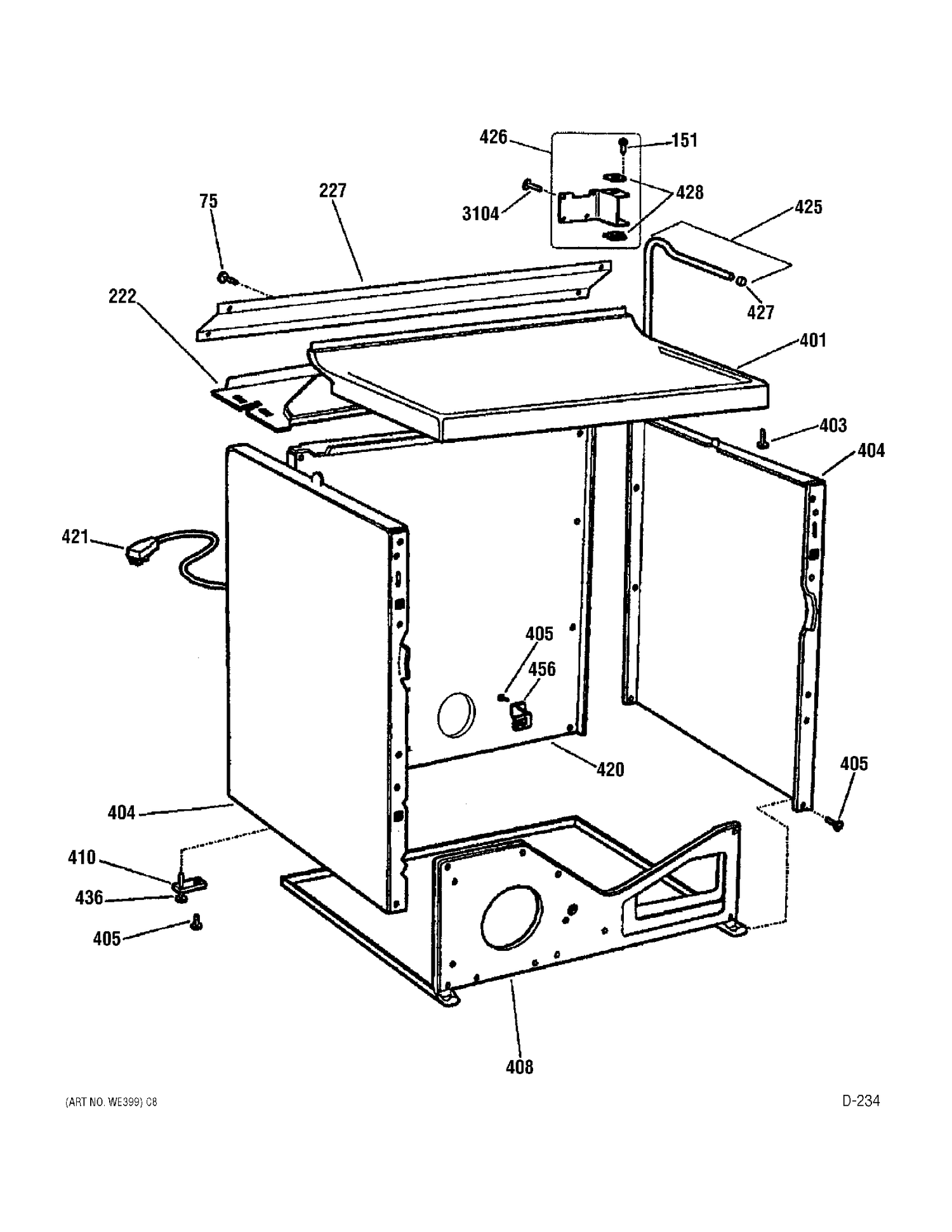 CABINET Diagram and Parts List for UPSE592EA0WW  General Electric Dryer