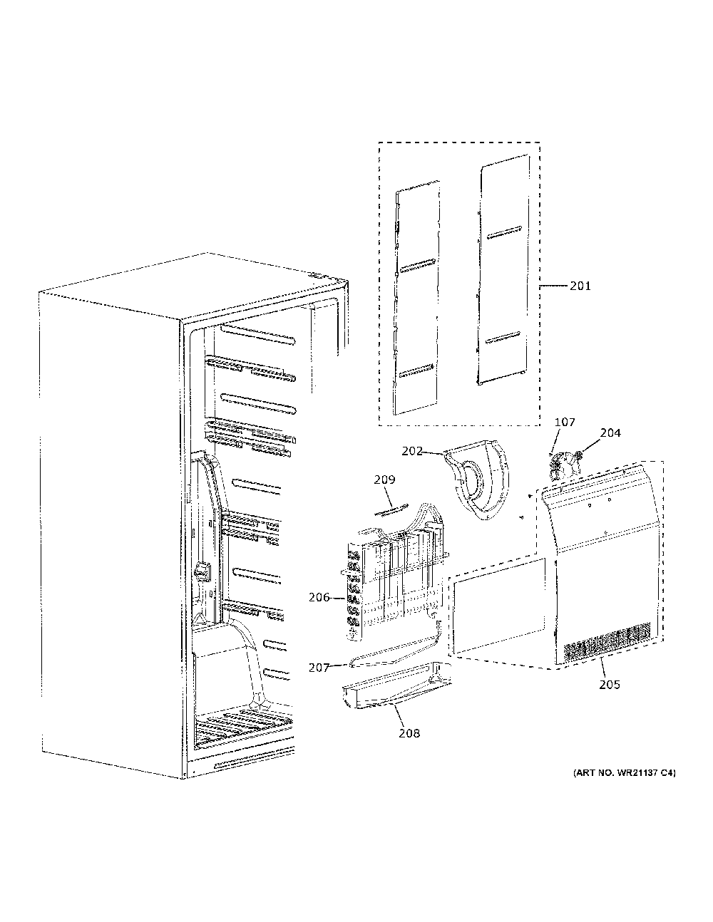 Freezer Section Diagram and Parts List for FUF14DLREWW  General Electric Freezer