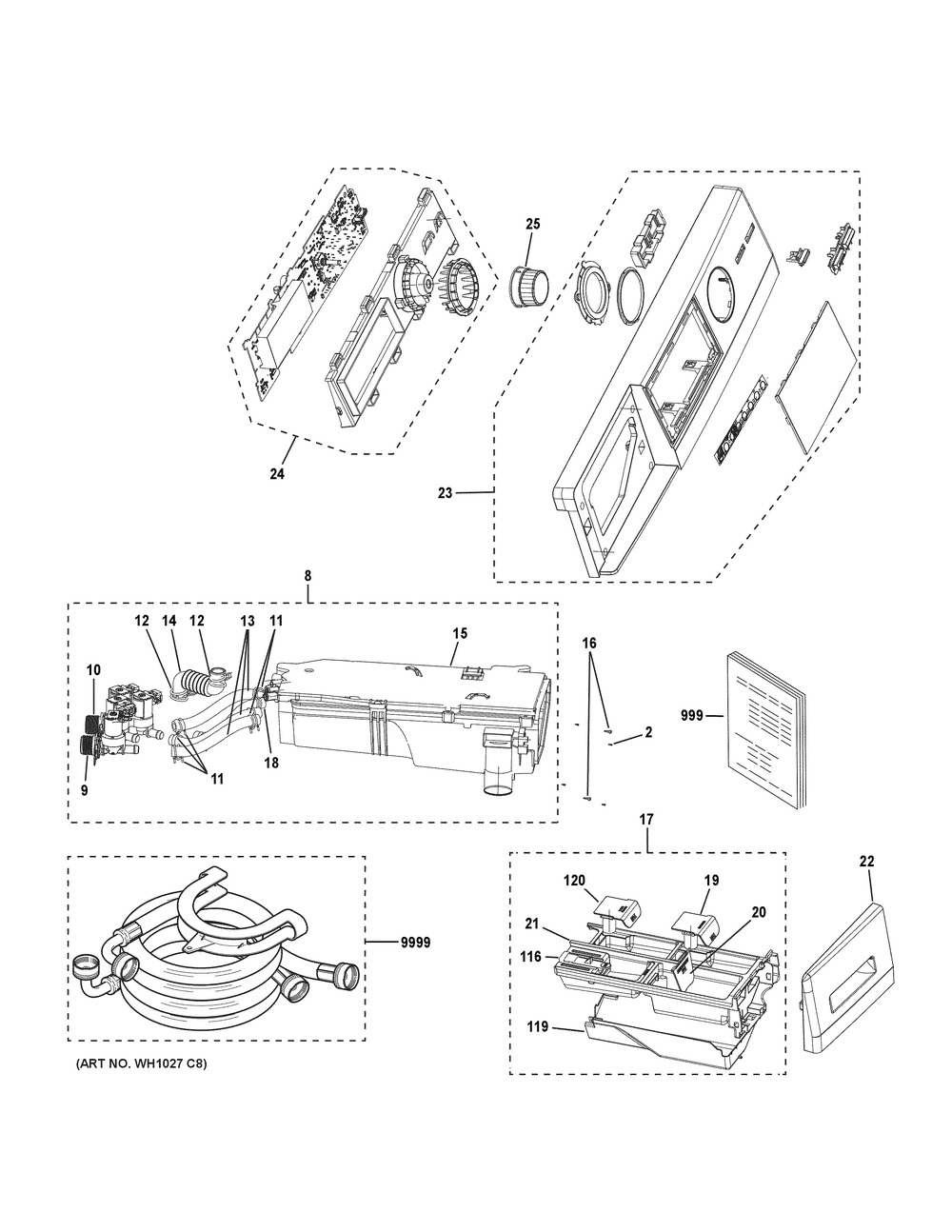 Controls And Dispenser Diagram and Parts List for GFW148SSM1WW  General Electric Washer