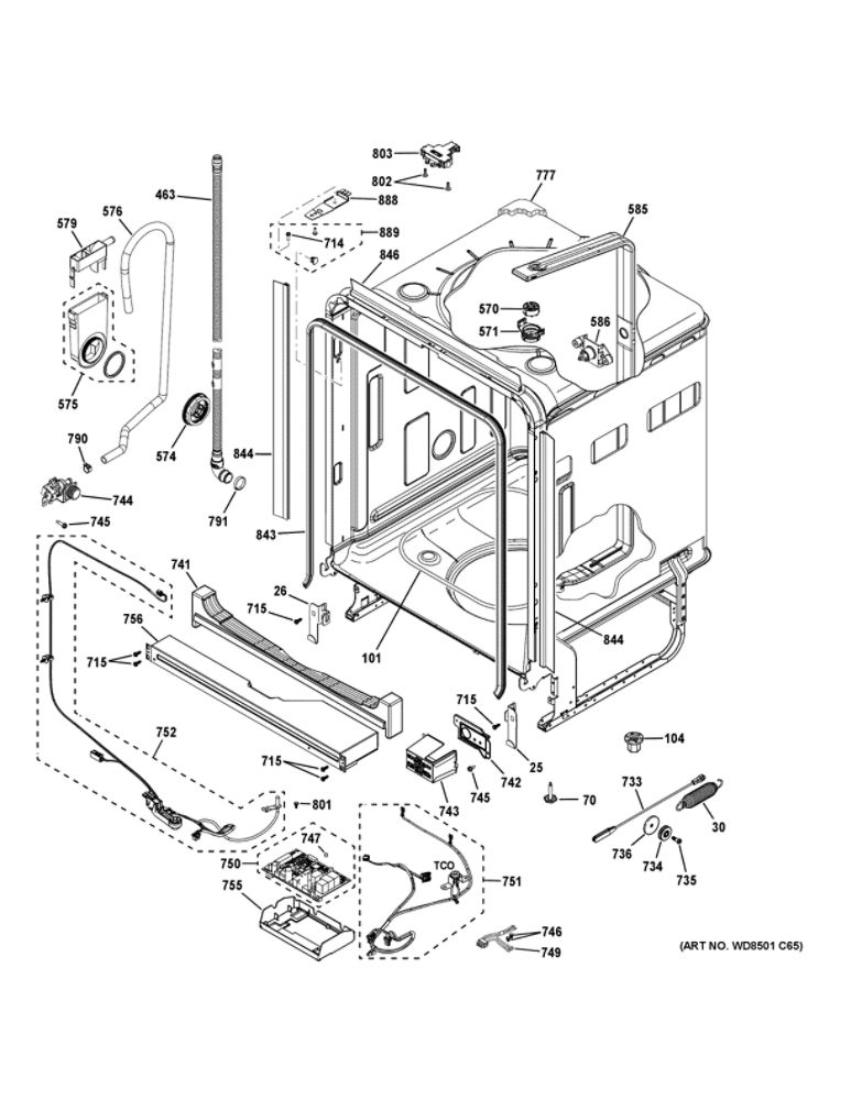 Body Parts 1 Diagram and Parts List for GDT665SGN4WW  General Electric Dishwasher