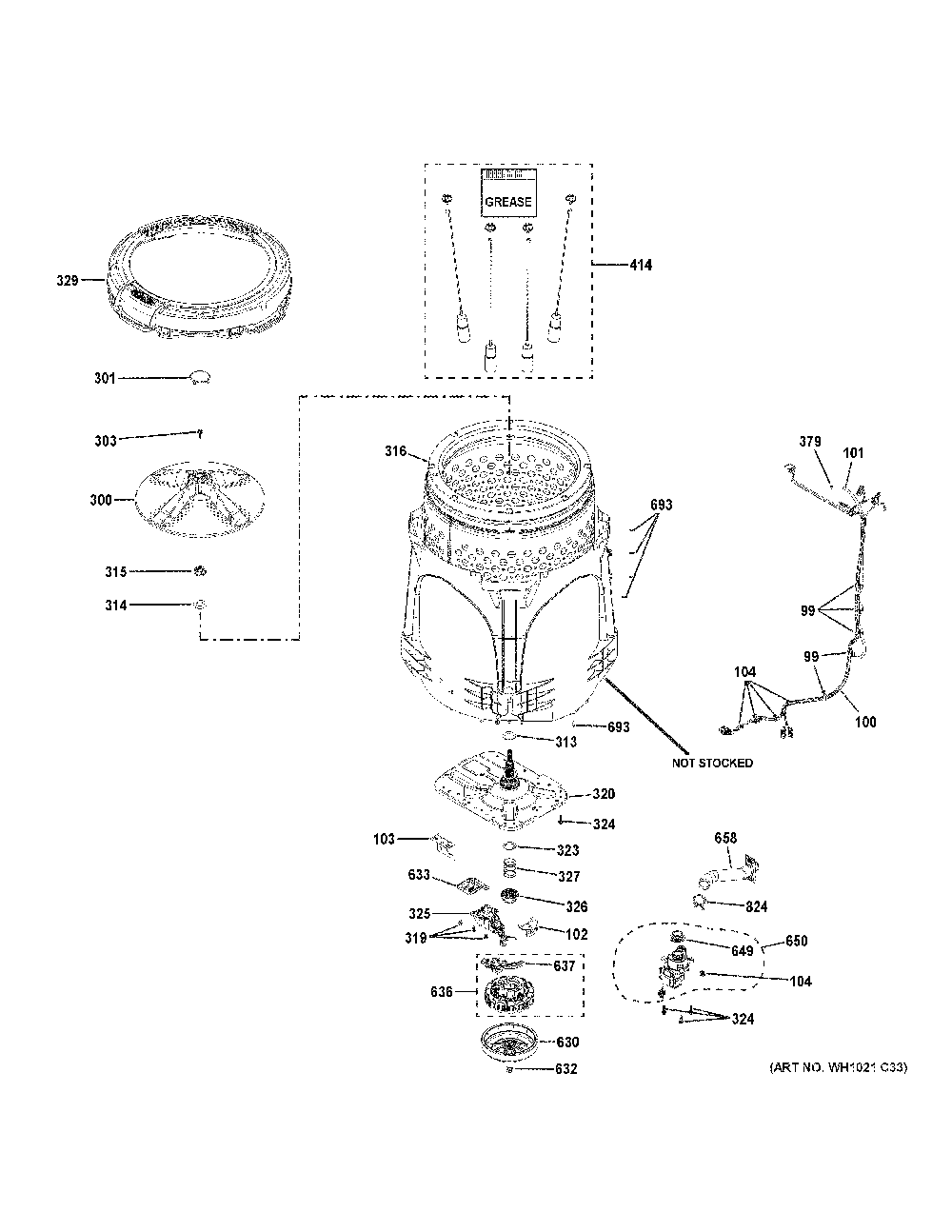 Tub And Motor Diagram and Parts List for GTW840CSN1WS  General Electric Washer