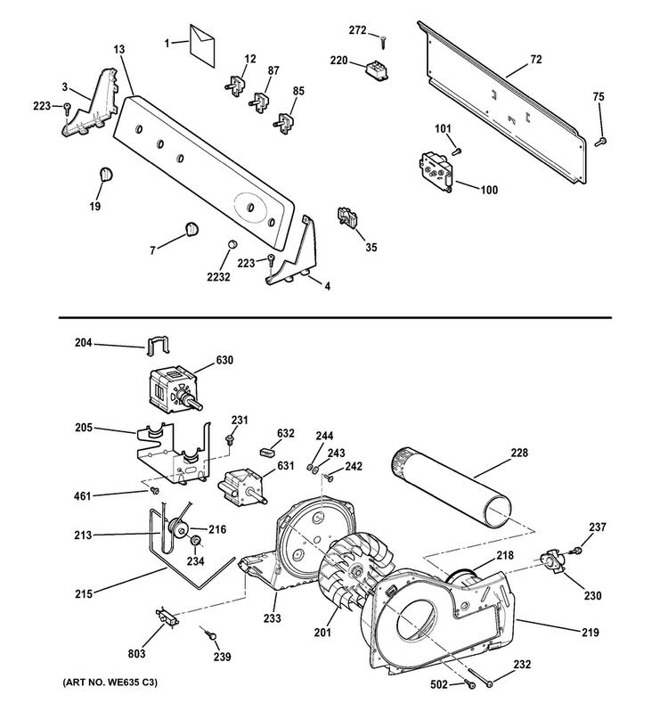 Backsplash, Blower & Motor Assembly Diagram and Parts List for GTDL210GD5WW  General Electric Dryer