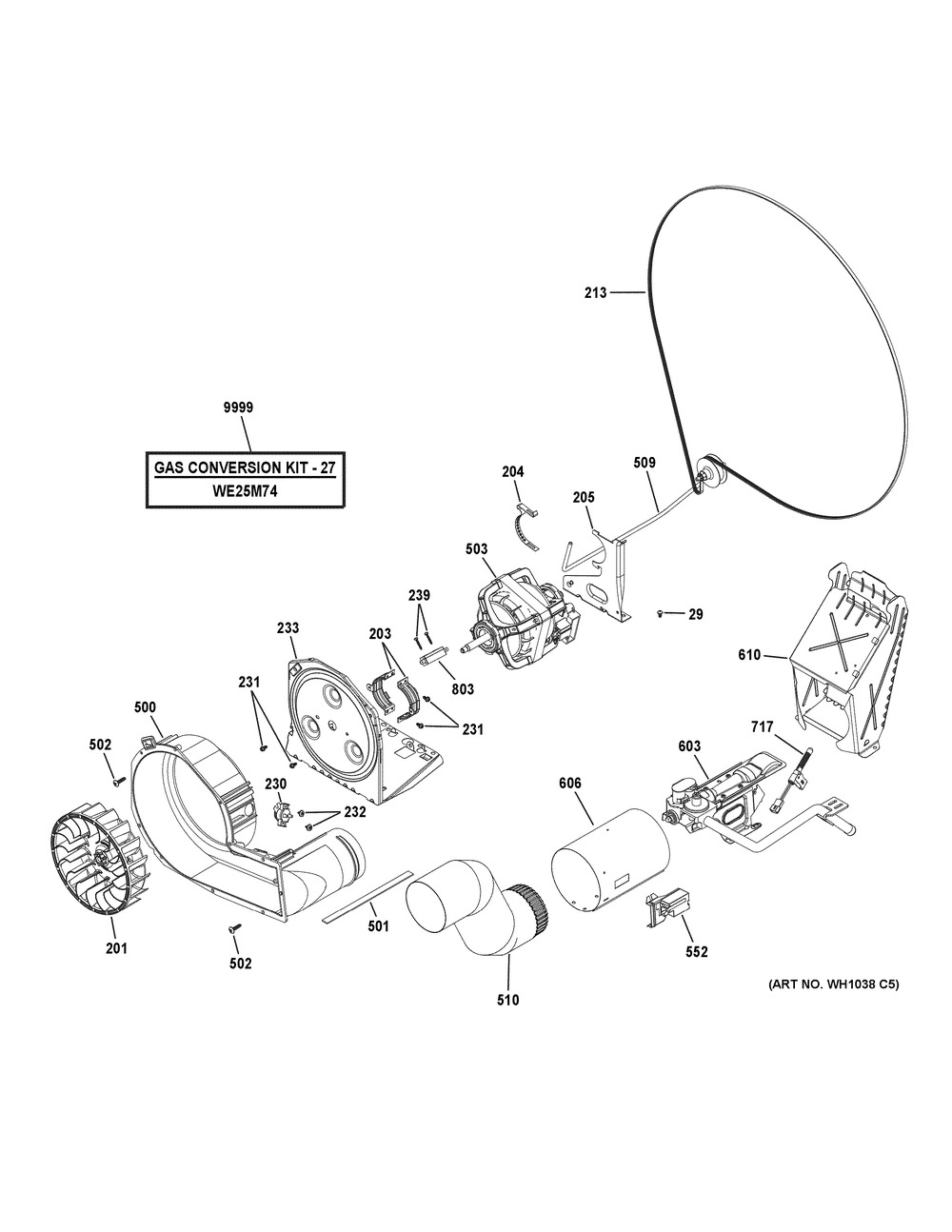Gas Valve, Blower & Motor Assembly Diagram and Parts List for GUD27GSSM0WW  General Electric Washer Dryer Combo