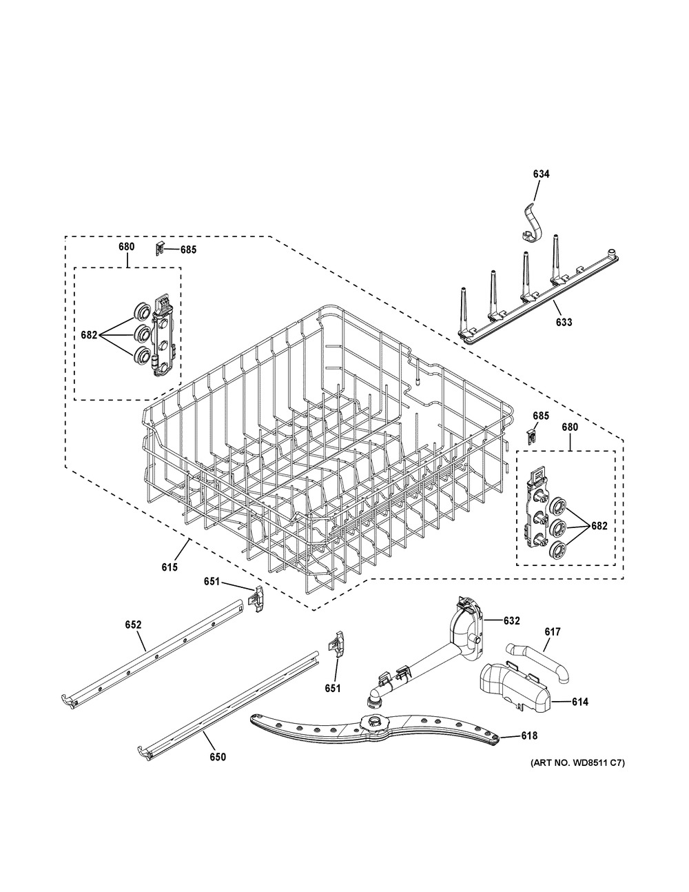 Upper Rack Assembly Diagram and Parts List for GDF650SMV0ES  General Electric Dishwasher
