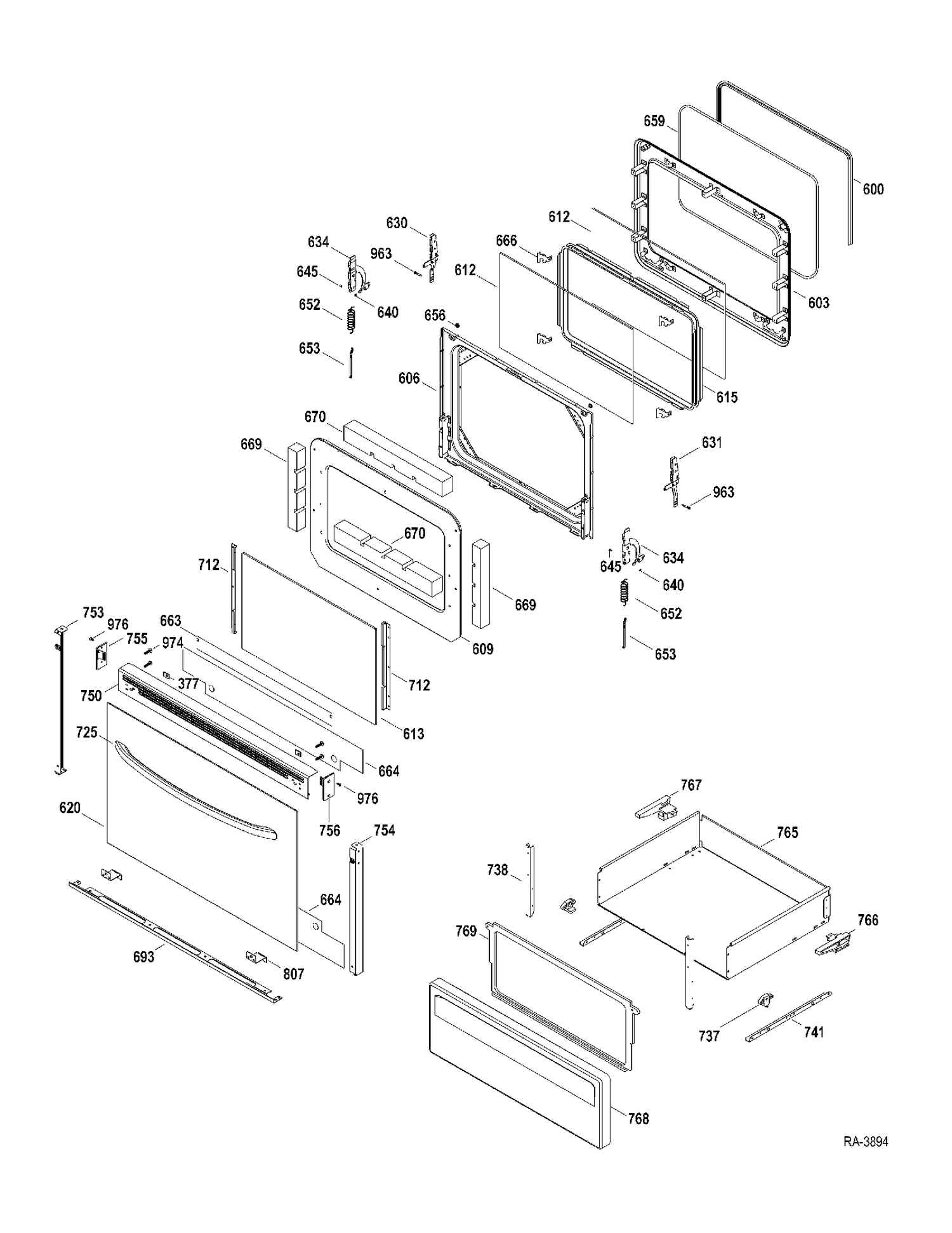 DOOR-DRAWER Diagram and Parts List for JCBP63DP1WW  General Electric Range