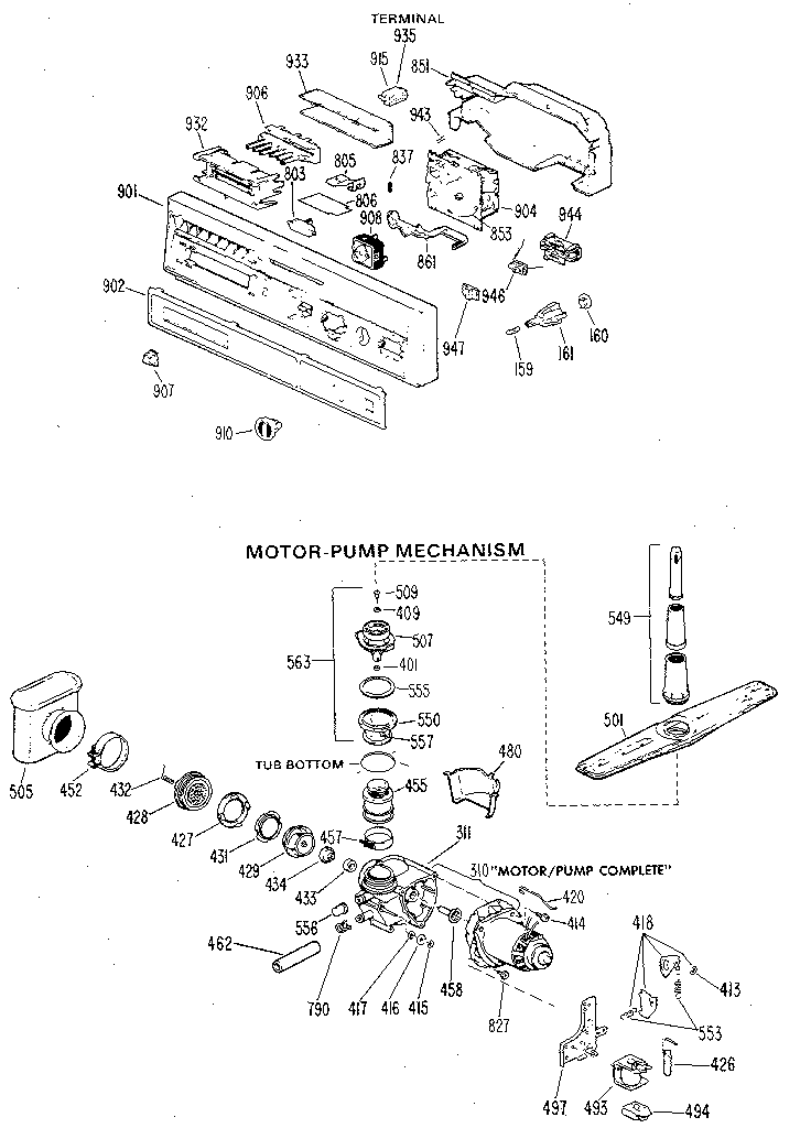 Control Panel And Motor-pump Assembly Diagram and Parts List for GSD500G-01  General Electric Dishwasher