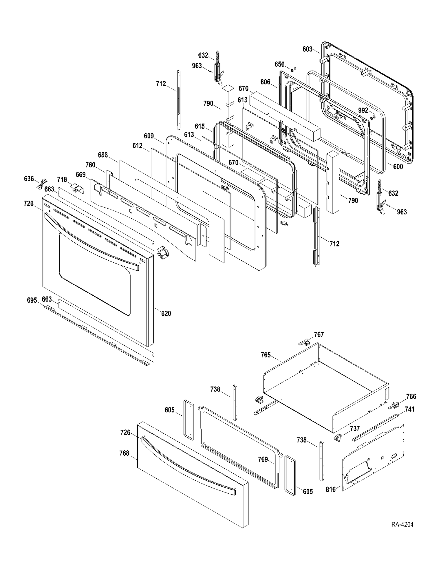 DOOR-DRAWER Diagram and Parts List for JCBP820ST1SS  General Electric Range