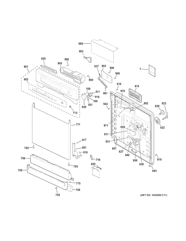 Escutcheon & Door Assembly Diagram and Parts List for GSD4000K00BB  General Electric Dishwasher