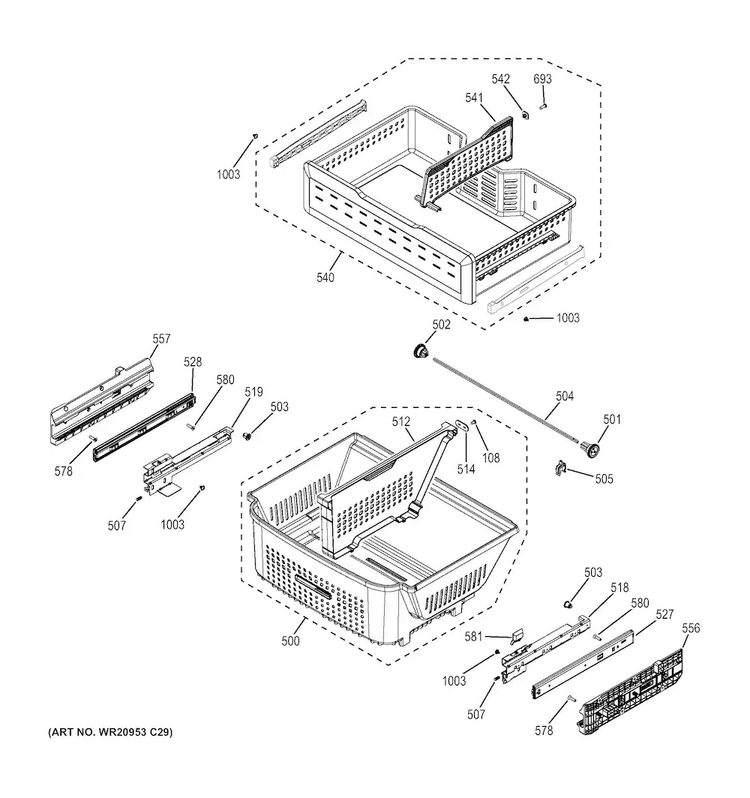 Freezer Shelves Diagram and Parts List for GFE26GGKBWW  General Electric Refrigerator
