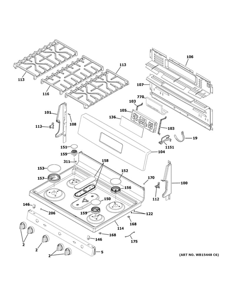 Control Panel And Cooktop Diagram and Parts List for JGB660DEJ5BB  General Electric Range