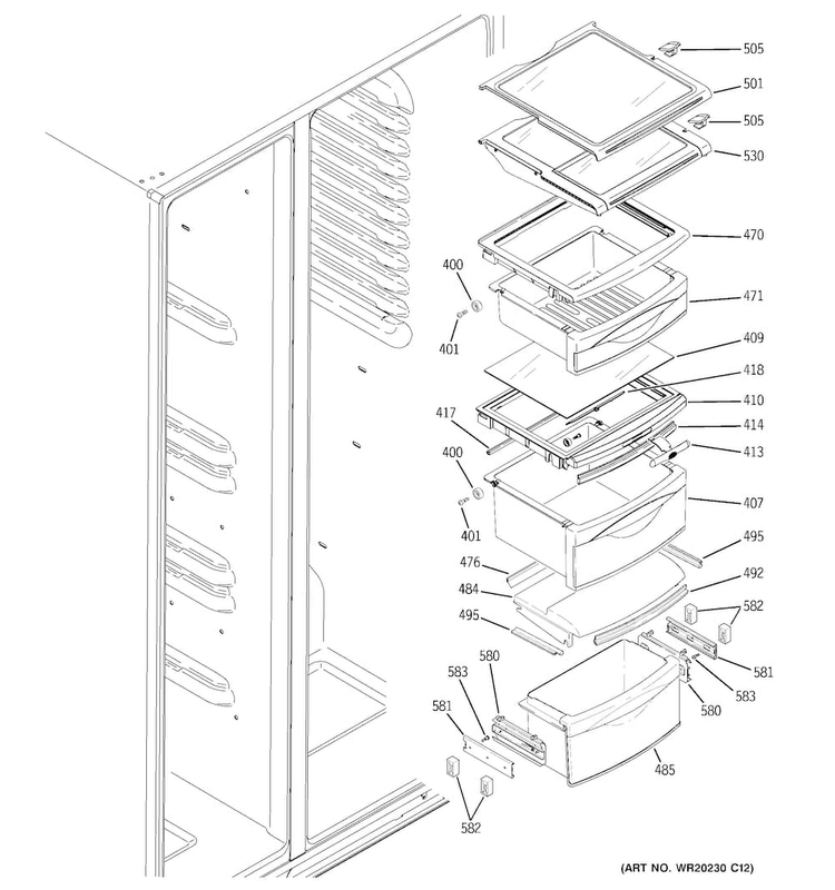 Fresh Food Shelves Diagram and Parts List for GSHS9NGYCCSS  General Electric Refrigerator