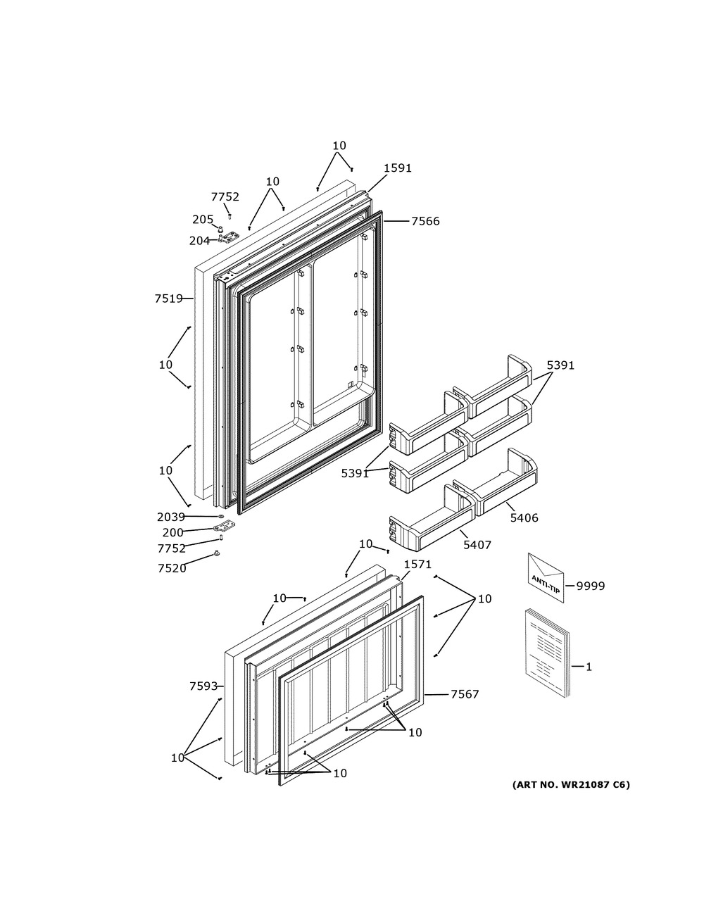 Doors Diagram and Parts List for CDB36RP2PBS1  General Electric Refrigerator