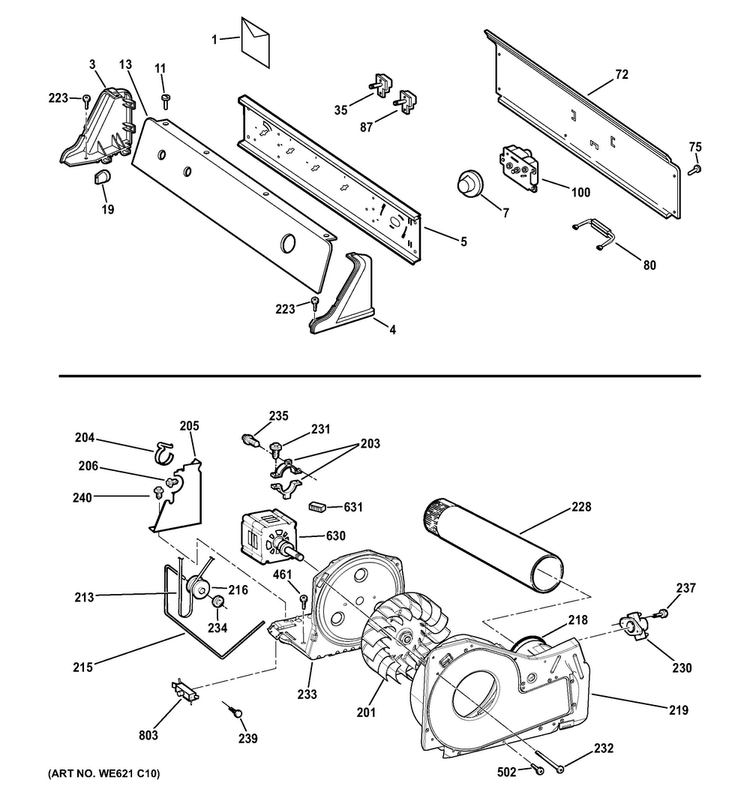 Backsplash, Blower & Motor Assembly Diagram and Parts List for DIST333JTNWW  General Electric Dryer