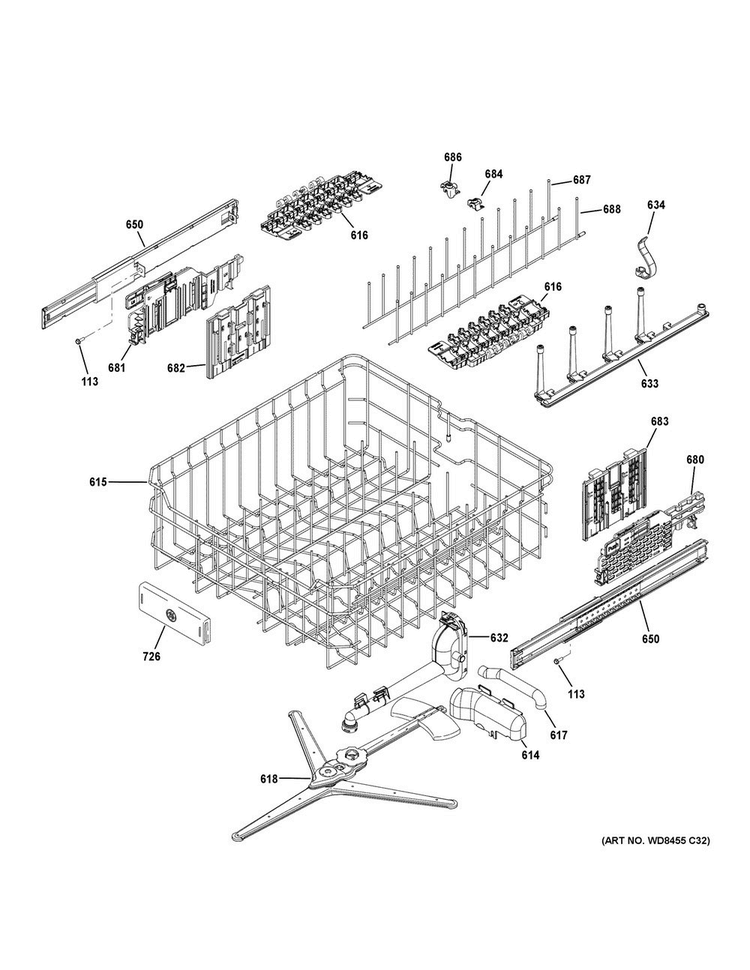 Upper Rack Assembly Diagram and Parts List for PDT846SSJ0SS  General Electric Dishwasher