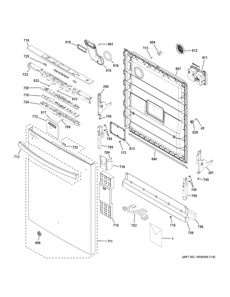Escutcheon & Door Assembly Diagram and Parts List for GDT535PSJ2SS  General Electric Dishwasher