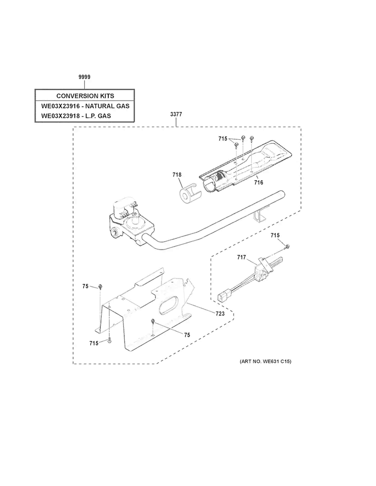 Gas Valve & Burner Assembly Diagram and Parts List for GTD33GASK0WW  General Electric Dryer