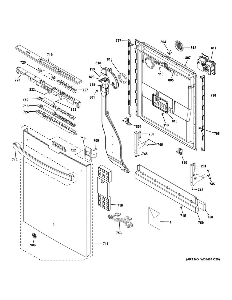 Escutcheon & Door Assembly Diagram and Parts List for PDT846SSJ0SS  General Electric Dishwasher