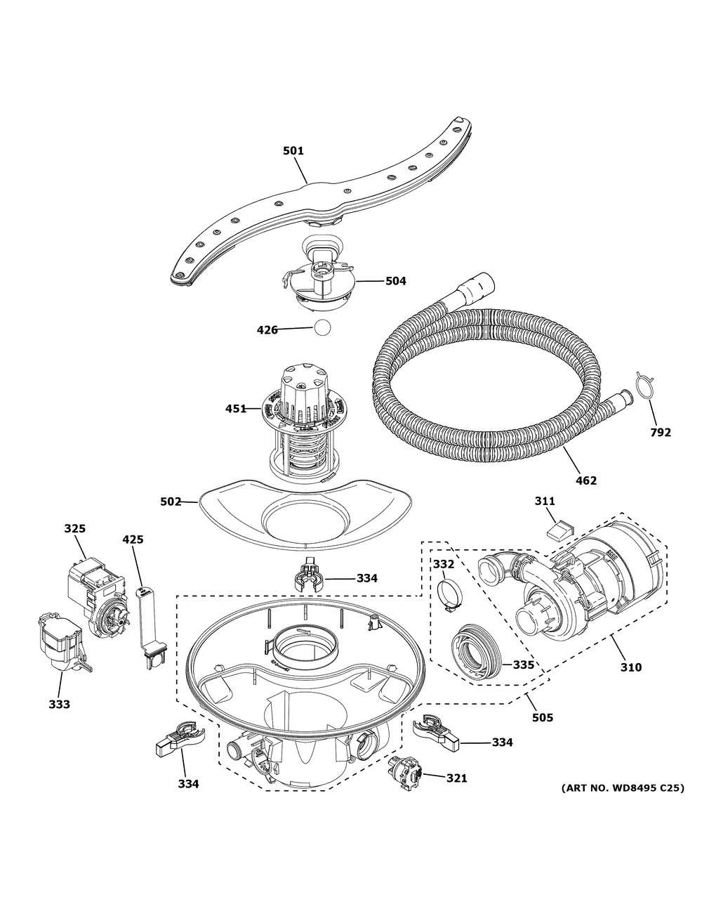 Motor, Sump And Filter Assembly Diagram and Parts List for XDF400PGN4WW  General Electric Dishwasher
