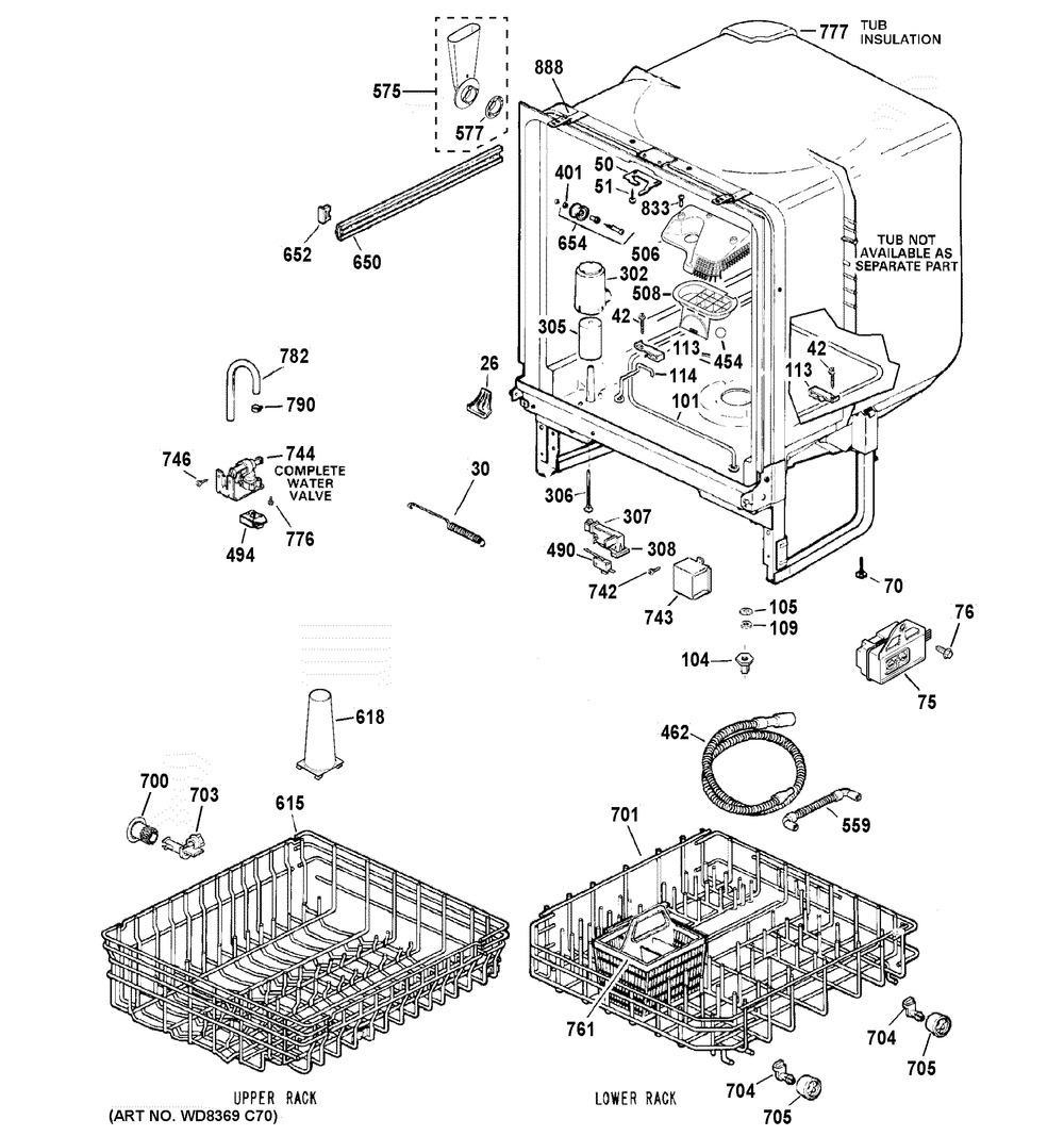 Body Parts Diagram and Parts List for HDA3600K54WW  General Electric Dishwasher