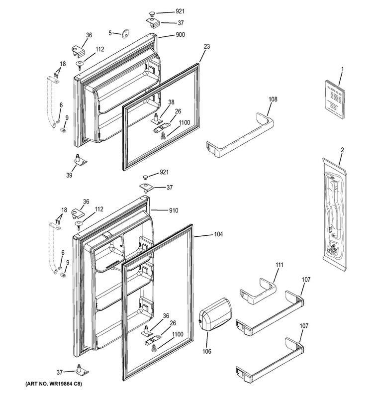 Doors Diagram and Parts List for GTZ18IBELRSS  General Electric Refrigerator