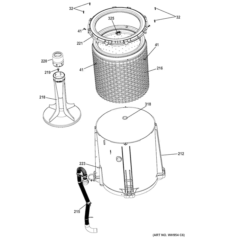 Tub, Basket & Agitator Diagram and Parts List for GTUP240EM6WW  General Electric Washer Dryer Combo