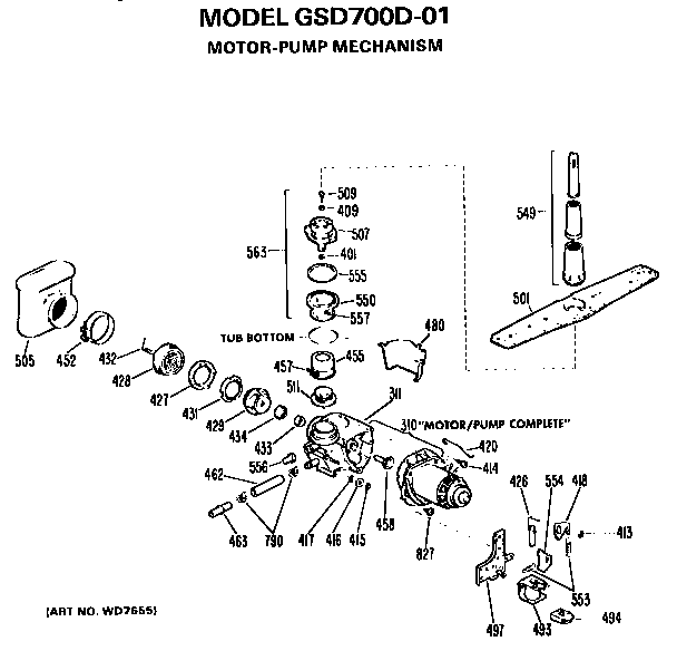 Motor-pump Diagram and Parts List for GSD700D-01  General Electric Dishwasher