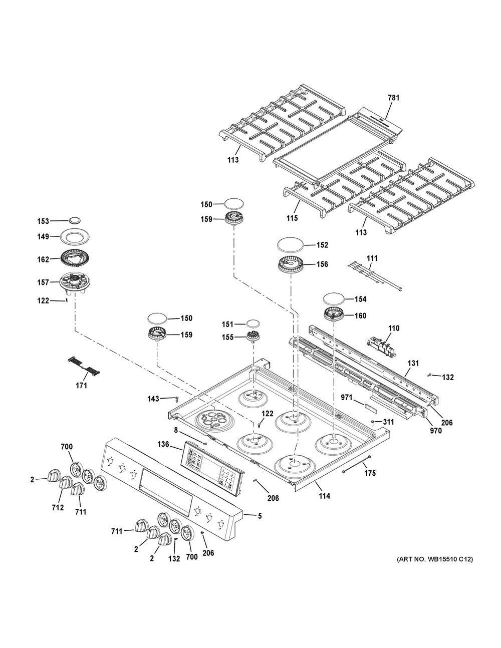 Control Panel & Cooktop Diagram and Parts List for CGS986SEL2SS  General Electric Range