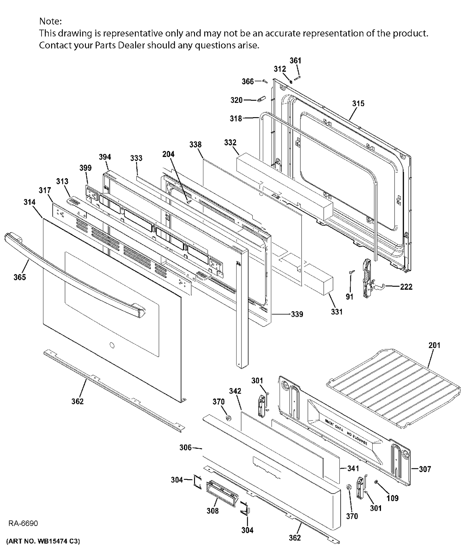DOOR & DRAWER Diagram and Parts List for JCGBS66SEK1SS  General Electric Range