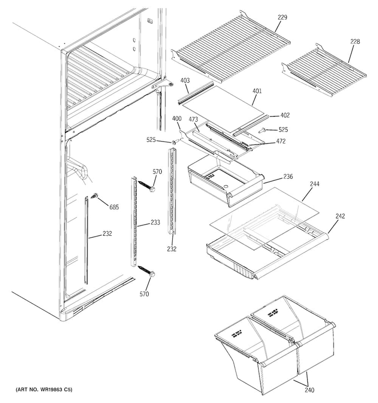 Fresh Food Shelves Diagram and Parts List for GTH18ECELRWW  General Electric Refrigerator