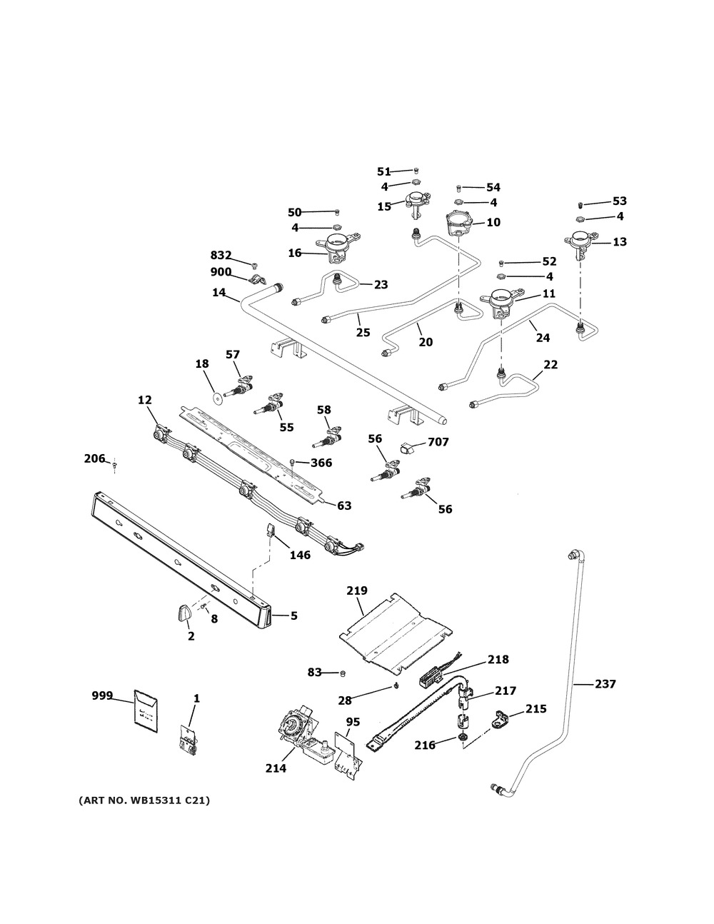 Gas And Burner Parts Diagram and Parts List for JGBS66EEK4ES  General Electric Range
