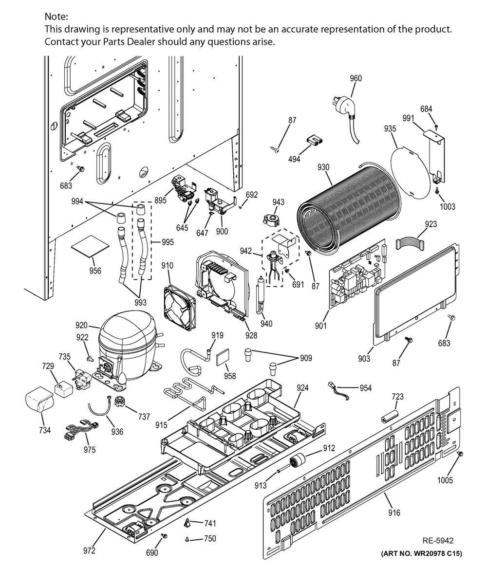 Machine Compartment Diagram and Parts List for JVM1630SPC  General Electric Refrigerator