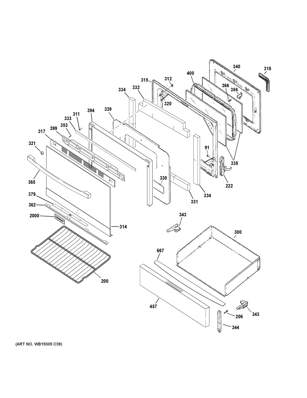 Door And Drawer Parts Diagram and Parts List for XGB635REK3SS  General Electric Range