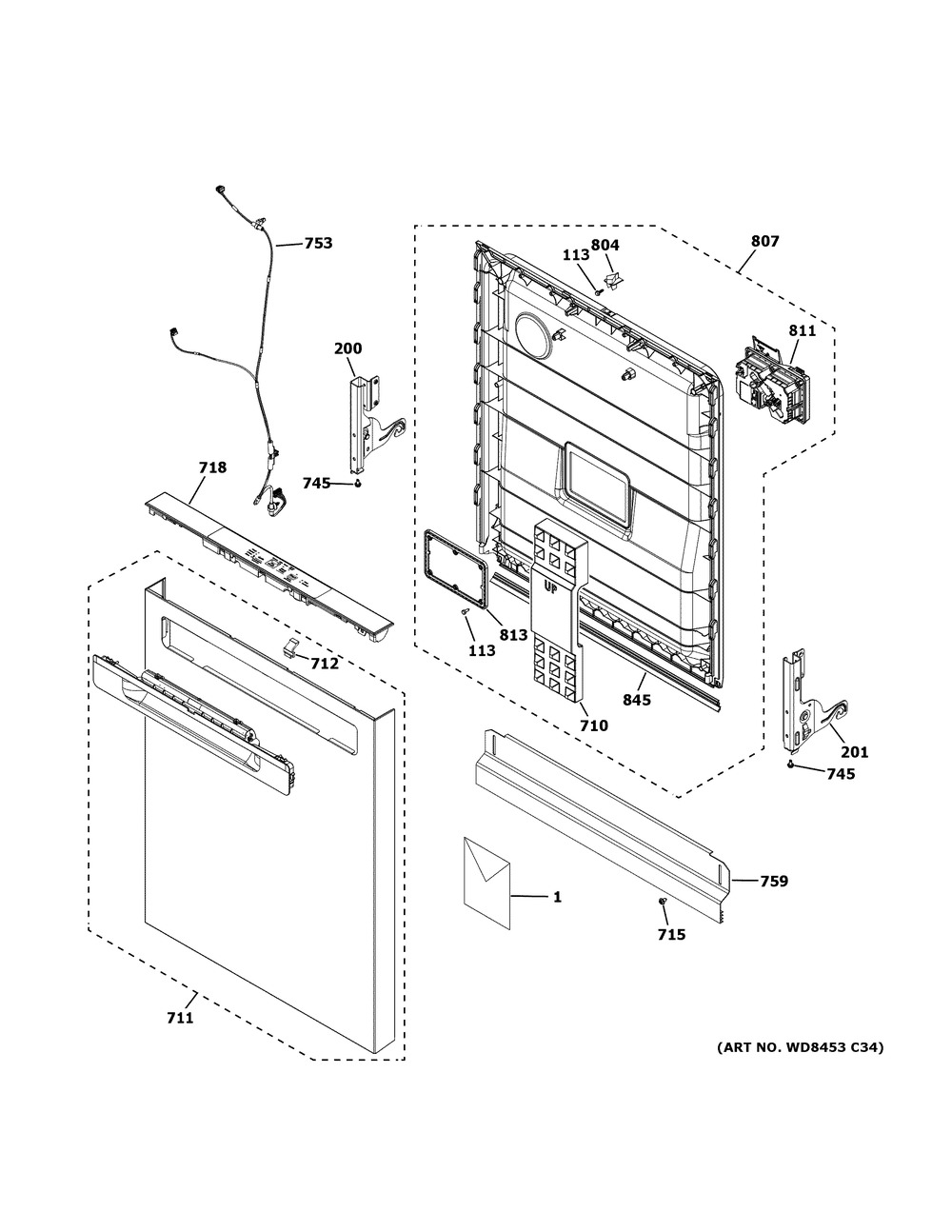 Escutcheon And Door Assembly Diagram and Parts List for GDP630PGR6BB  General Electric Dishwasher