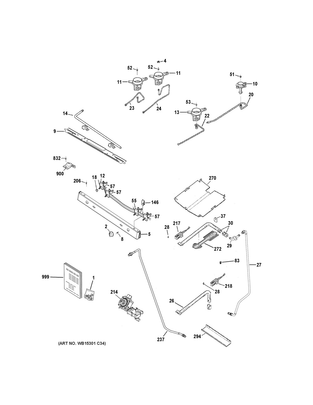 Gas And Burner Parts Diagram and Parts List for XGB635DEK4BB  General Electric Range