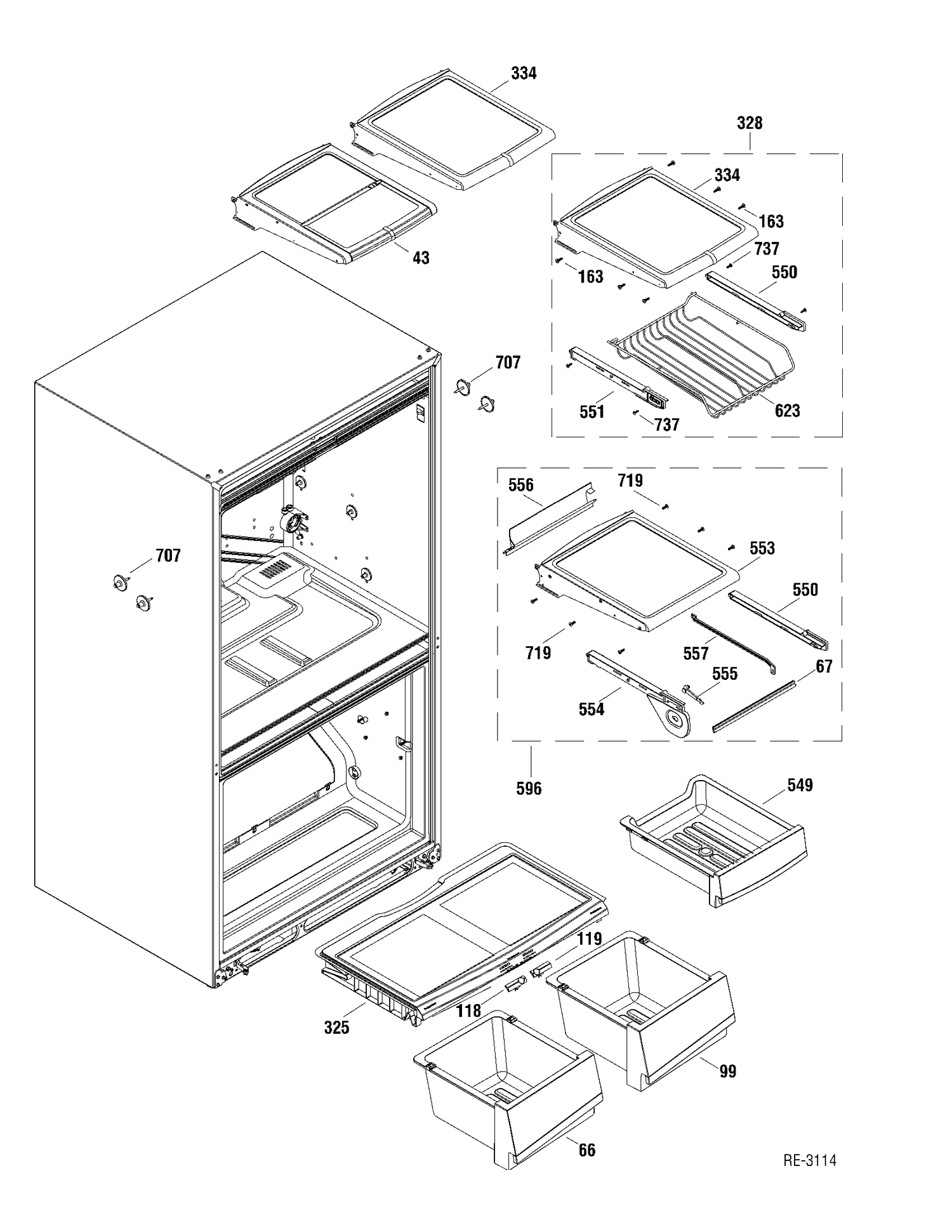 FF SHELVES Diagram and Parts List for PFRF2MBXABB  General Electric Refrigerator