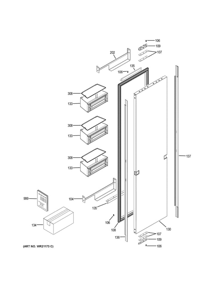 Door Diagram and Parts List for ZIF180NPKAII  General Electric Freezer