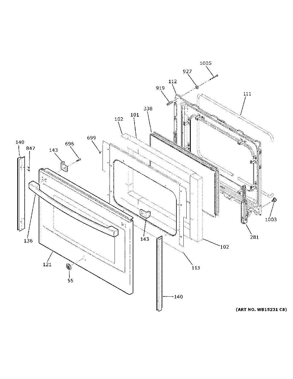 Lower door Diagram and Parts List for JB860SJASS  General Electric Range