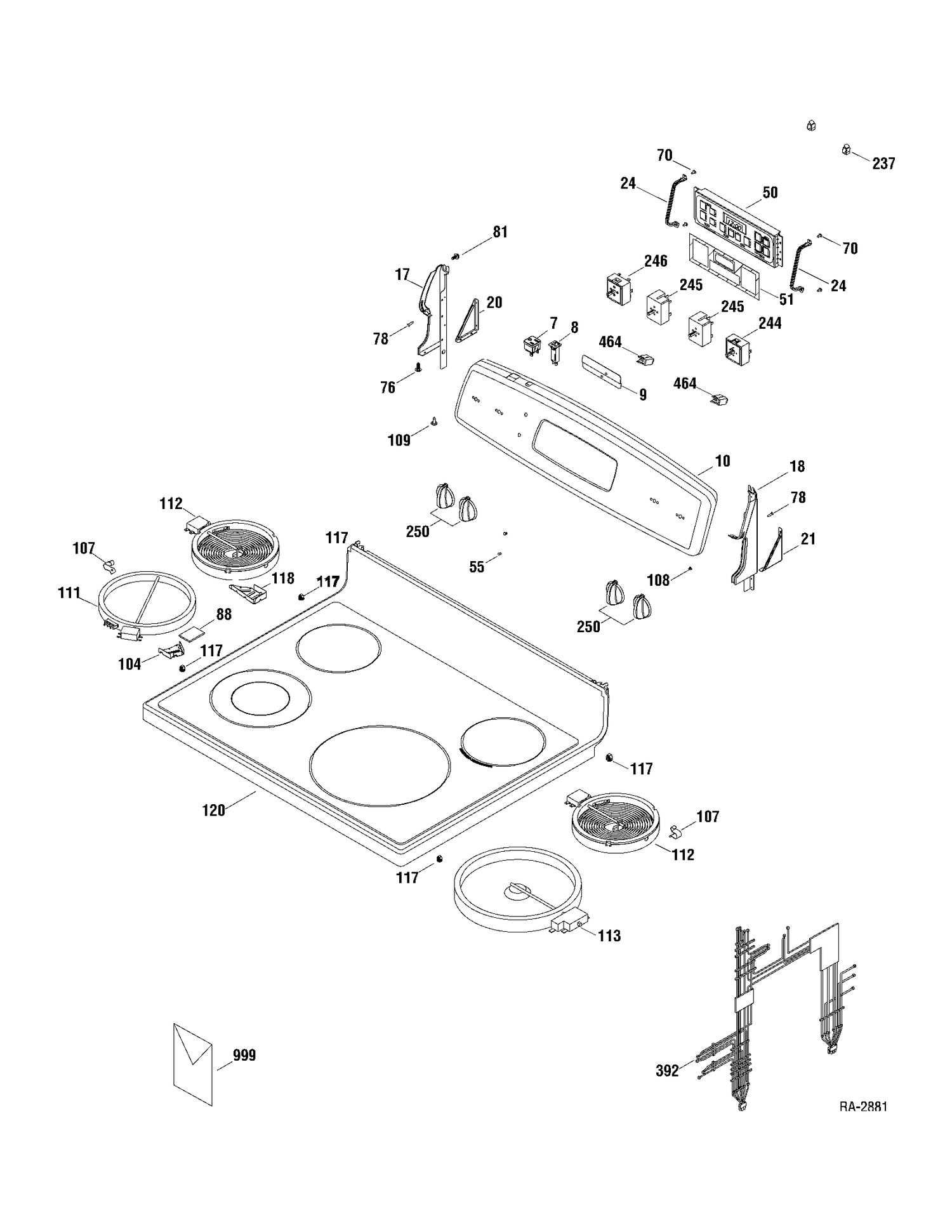 CONTROLS & COOKTOP Diagram and Parts List for JCBP67SP1SS  General Electric Range
