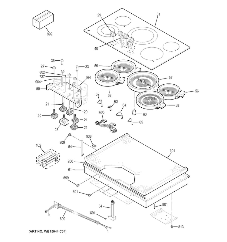 Control Panel & Cooktop Diagram and Parts List for JP3536DJ1BB  General Electric Cooktop