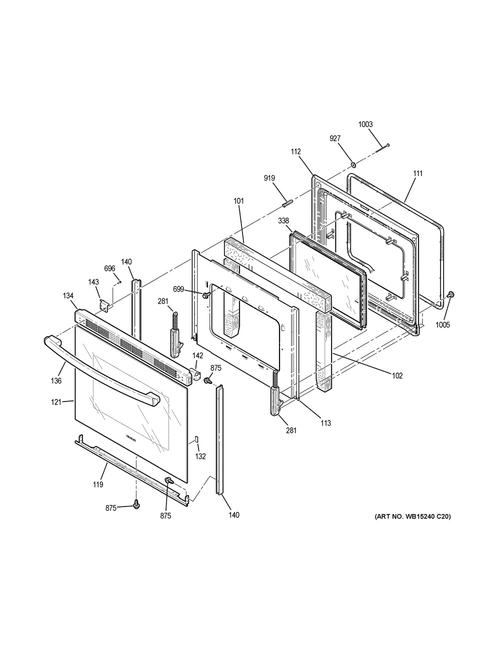 Door Diagram and Parts List for XB258DM1BB  General Electric Cooktop