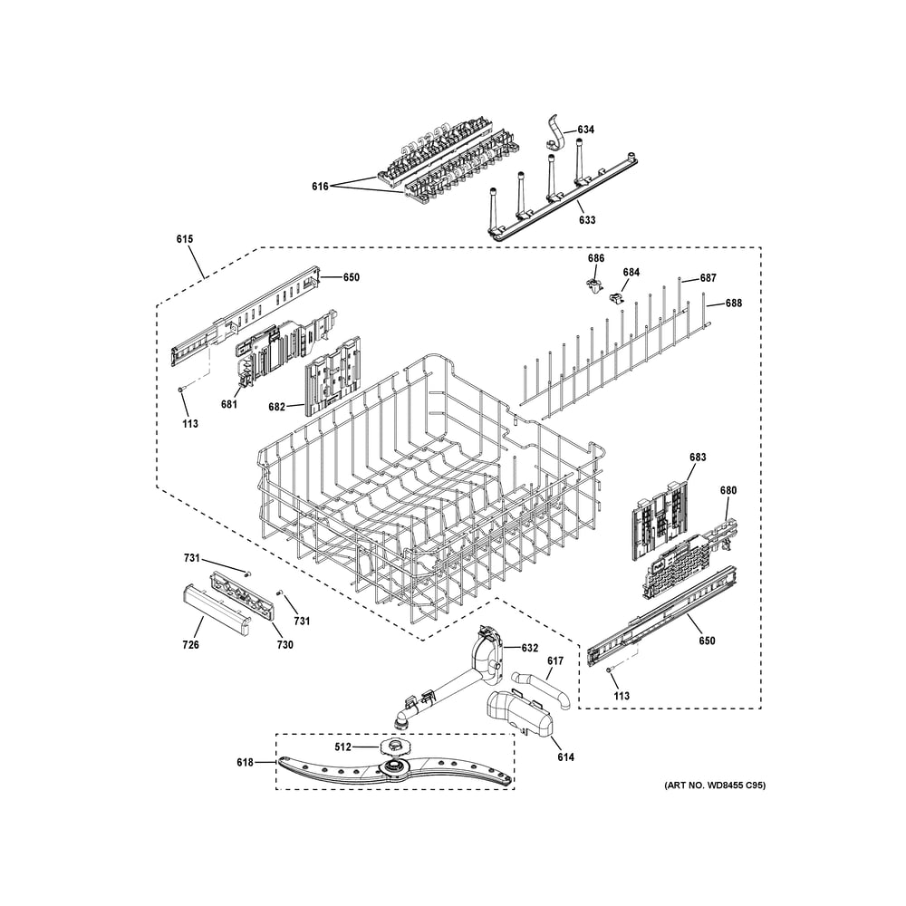 Upper Rack Assembly Diagram and Parts List for ZDT925SPNCSS  General Electric Dishwasher