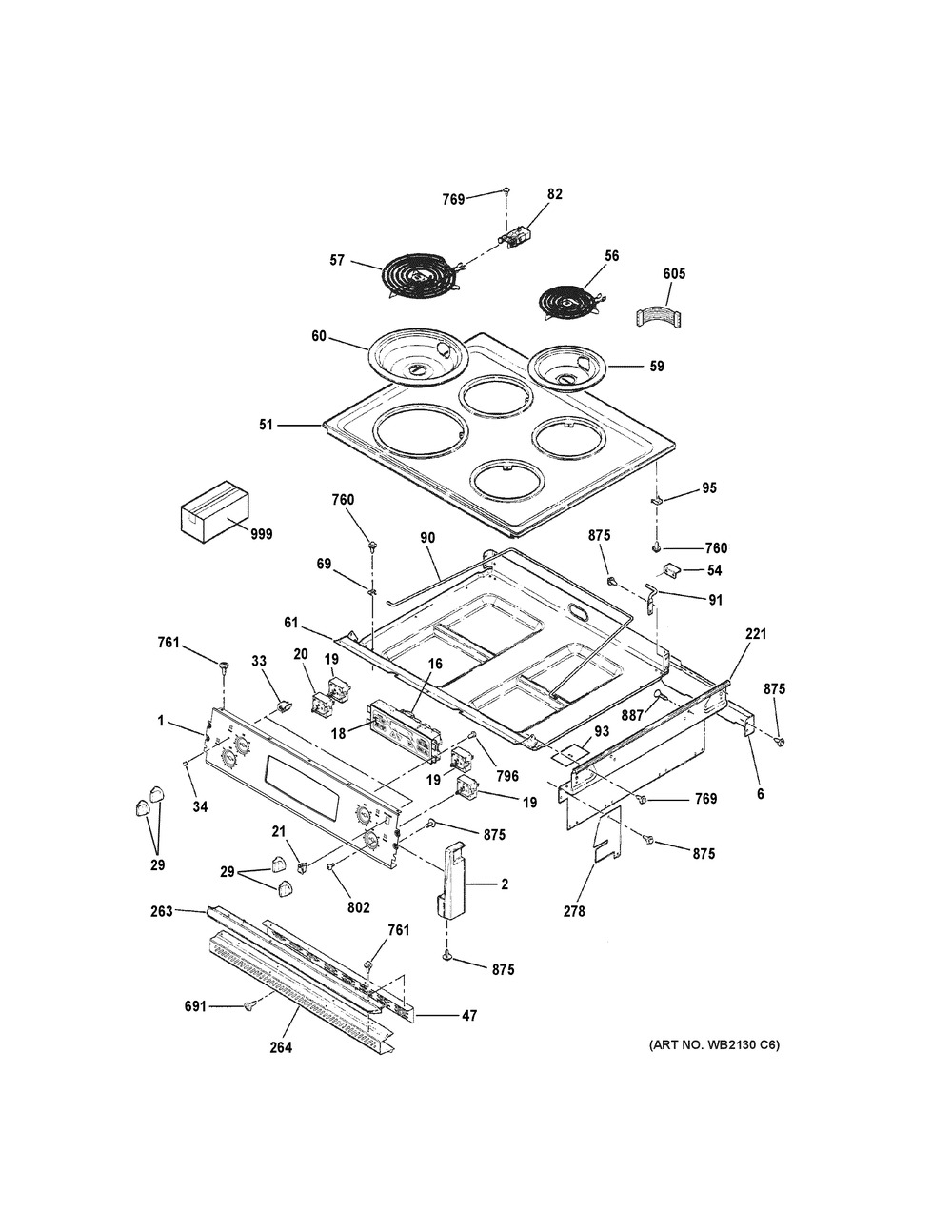 Control Panel & Cooktop Diagram and Parts List for JM250DF3BB  General Electric Range
