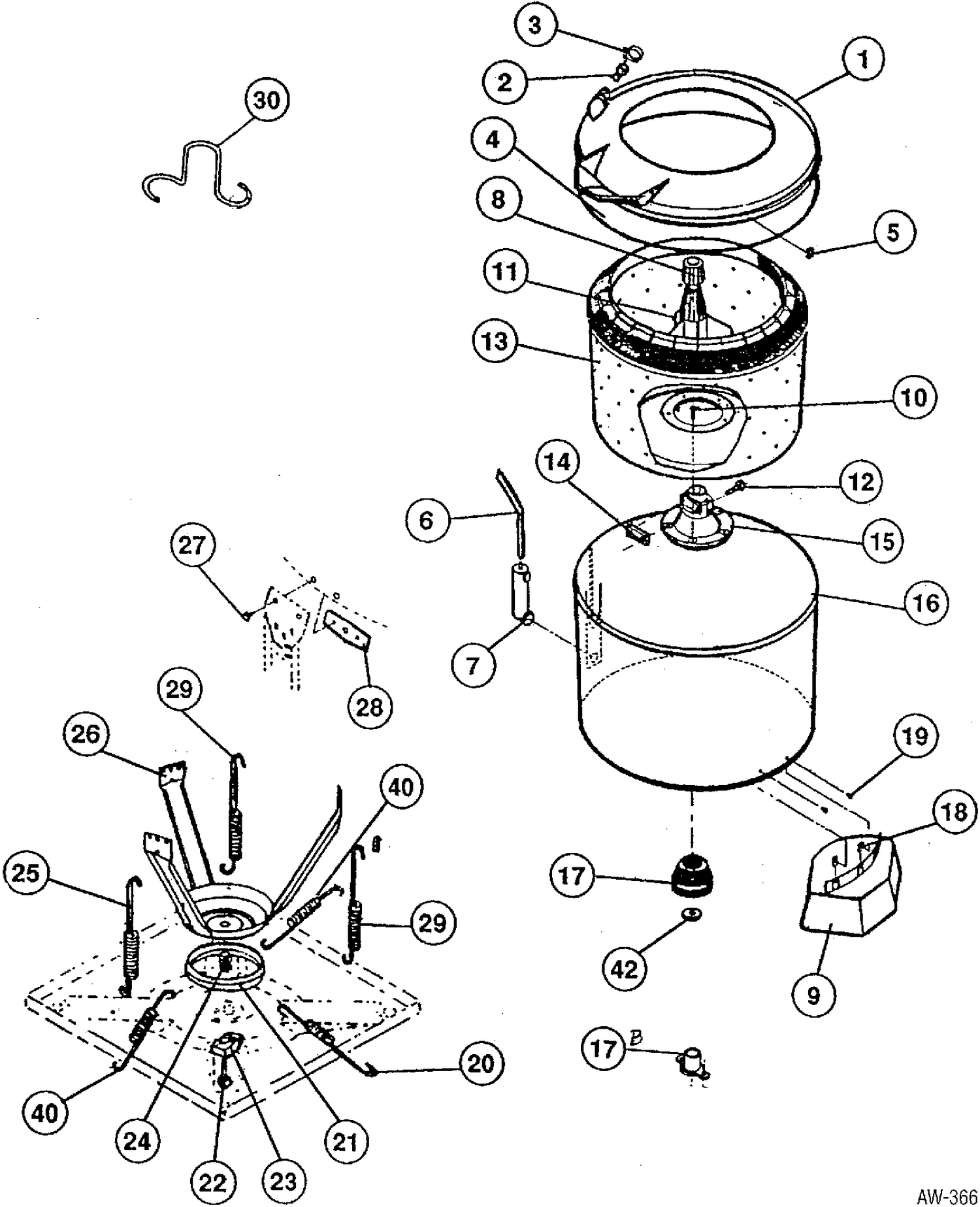 TUB, BASKET & AGITATOR Diagram and Parts List for GW7100KW129  General Electric Washer