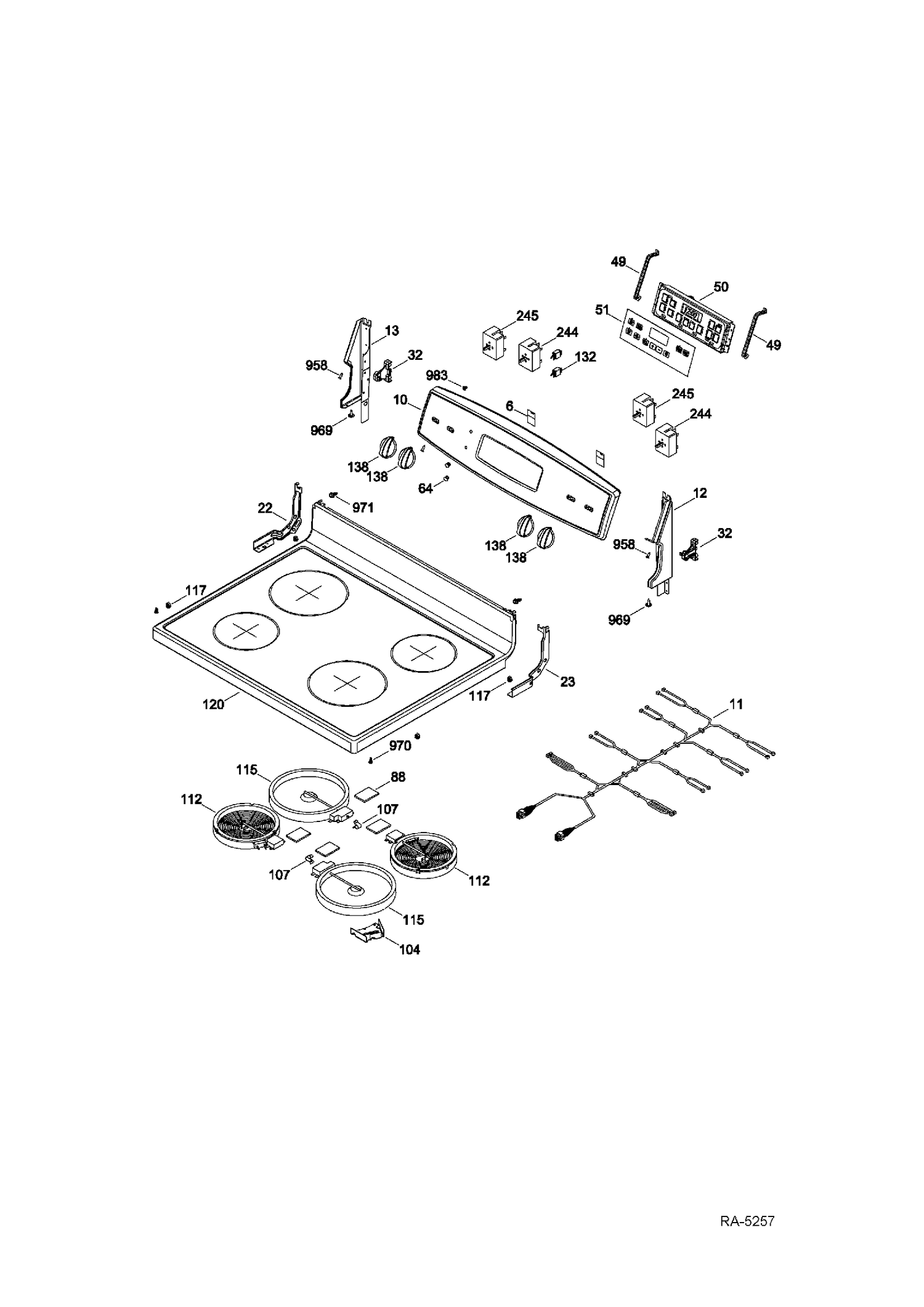 CONTROL PANEL & COOKTOP Diagram and Parts List for JCB635SF1SS  General Electric Range