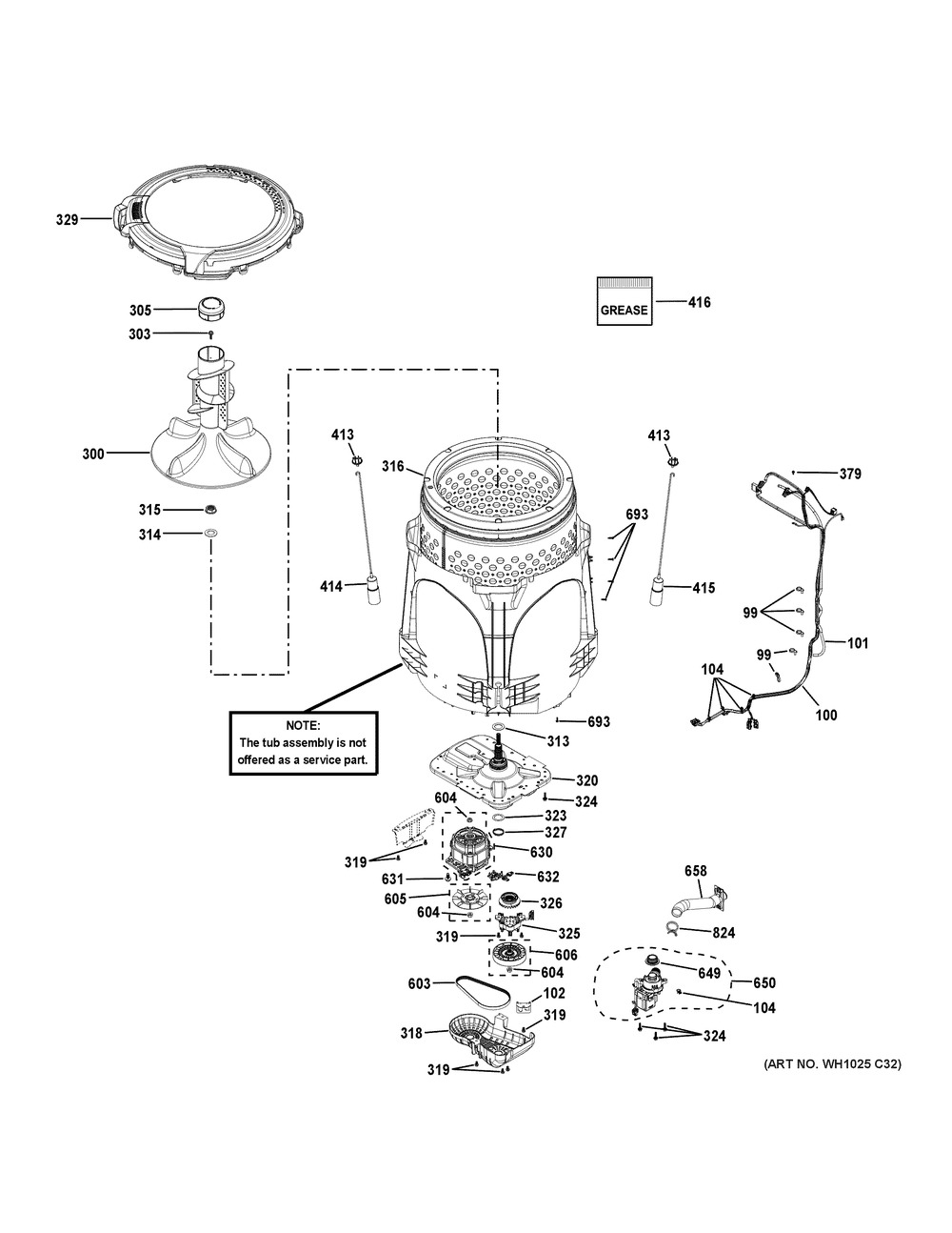 Tub And Motor Diagram and Parts List for 5TW4307SW0WS  General Electric Washer
