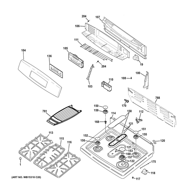Control Panel & Cooktop Diagram and Parts List for JGB760SEF2SS  General Electric Range
