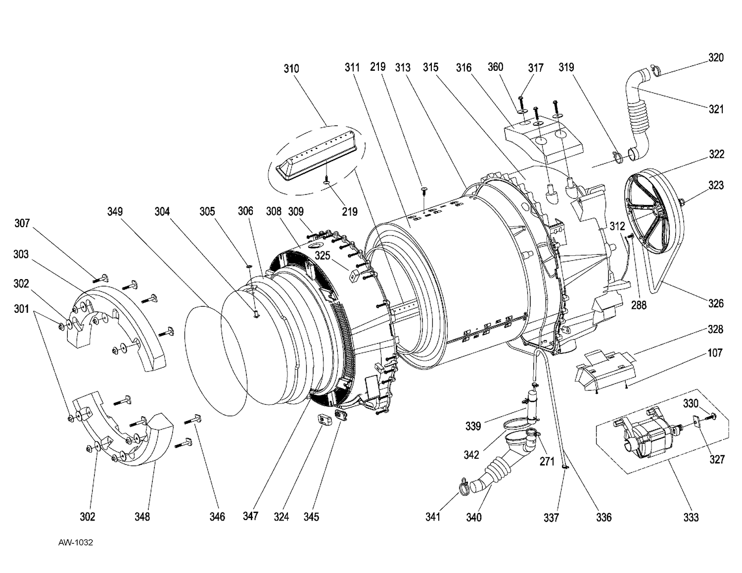 TUB & MOTOR Diagram and Parts List for GFAN1100L3WW  General Electric Washer