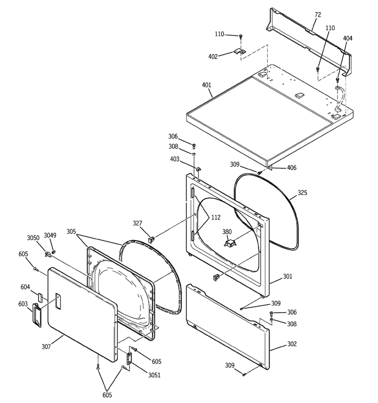 Door, Front, Access & Top Panel Diagram and Parts List for DDSS475GA1WW  General Electric Dryer