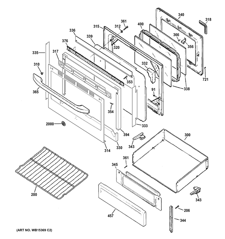 Door & Drawer Parts Diagram and Parts List for JB450RF1SS  General Electric Range