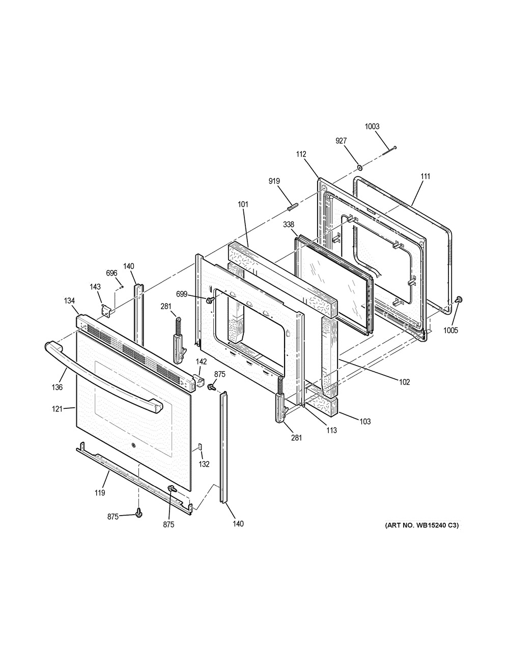 Door Diagram and Parts List for JB625DK5BB  General Electric Range
